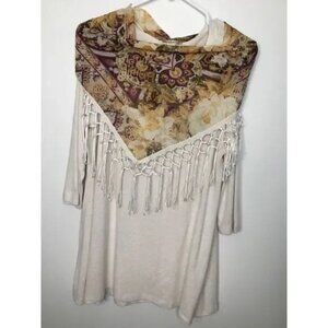 Unity World Women’s Knit Top/Tunic & Scarf Fringe  3/4 Sleeve SleeveCream Size M